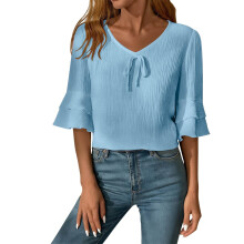 Women Fashionable Polyester Blouse V Neck Design-light blue M