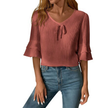 Women Breathable Polyester V Neck Blouse With-brick red M