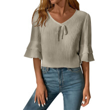 Women V Neck Polyester Shirt With Ruffled Half Sleeves-Gray M