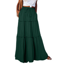 Maxi Skirts for Women A Line Tiered Long Skirt Elastic-Green L
