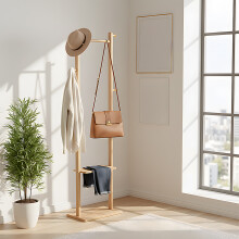 Freestanding Wooden Clothes Rack with 5 Hooks, Natural