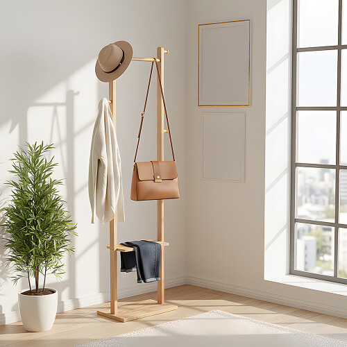 Living And Home Freestanding Wooden Clothes Rack with 5 Hooks, Natural