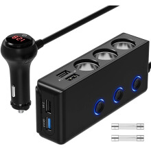 Splitter per accendisigari per veicoli 12V/24V, adattatore per accendisigari auto con ricarica PD per la ricarica di più dispositivi, 3 prese