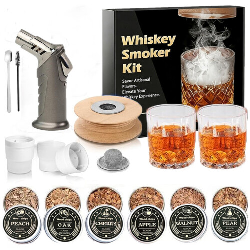 Whiskyrökset i trä, cocktailrökare, 6 smaker, träflis, glasmugg, presentask