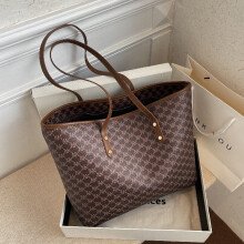 (Brown, 34*30*15CM) Large-capacity bag women's bag simple casual commuter tote bag fashionable foreign style shoulder bag handbag