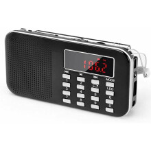 Rádio portátil com lanterna, seu companheiro confiável no escuro. Compatível com pen drive USB, cartão micro SD e reprodução de MP3. Design