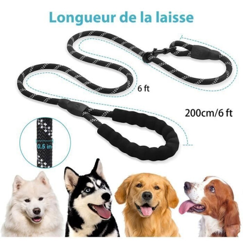 MEIDONG Dog Leash - 2m Rope - Padded Handle - Reflective - Black 2