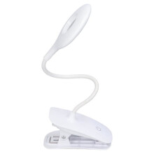 Clip-on LED reading light, USB rechargeable, with 3 lighting modes and adjustable touch control.