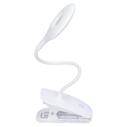 Clip-on LED reading light, USB rechargeable, with 3 lighting modes and adjustable touch control.