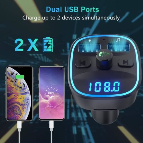 [2020 Version] LENCENT Bluetooth FM Transmitter, Bluetooth MP3 Player Wireless Radio Adapter Car FM Transmitter Kit Charger 2