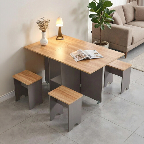 Living And Home Drop Leaf Dining Table Set with 4 Stools, Natural+Grey