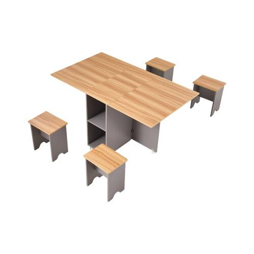 Living And Home Drop Leaf Dining Table Set with 4 Stools, Natural+Grey 2