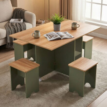 Drop Leaf Dining Table Set with 4 Stools, Natural+Green