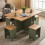 Living And Home Drop Leaf Dining Table Set with 4 Stools, Natural+Green 1