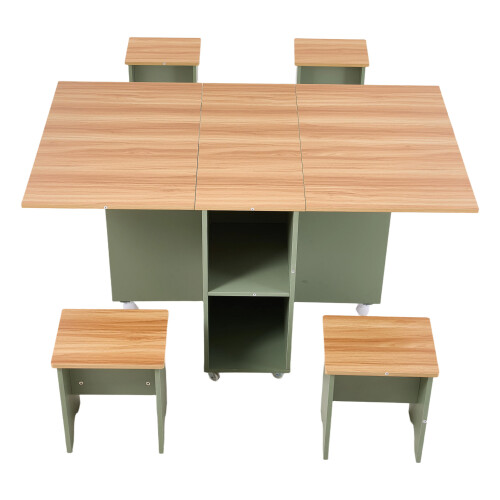 Living And Home Drop Leaf Dining Table Set with 4 Stools, Natural+Green 2