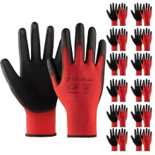 Velway 12 Pairs Safety Work Gloves - Firm Grip Gardening Gloves Non-Slip PU Coated Lightweight Breathable Protective Mechanic Builders (Size 9/L)
