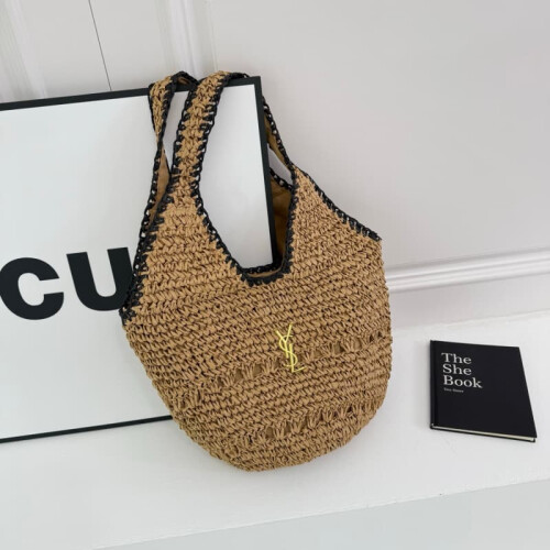 (Brown) Straw hollow vegetable basket bag