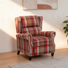Red Checkered Wingback Recliner Armchair