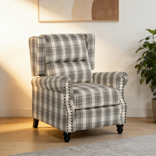 Living And Home Beige Grey Checkered Wingback Recliner Armchair