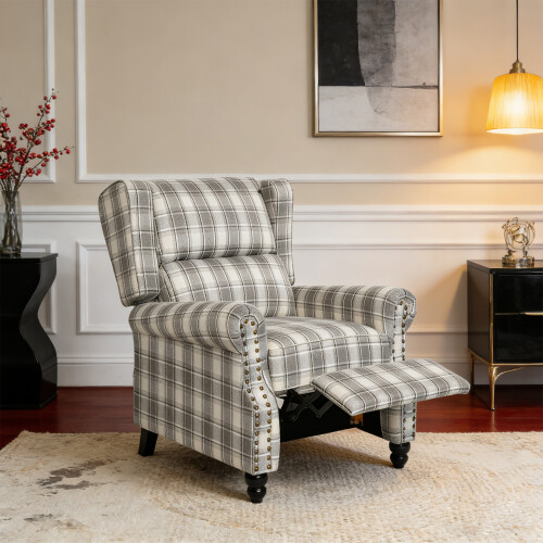 Living And Home Beige Grey Checkered Wingback Recliner Armchair 1