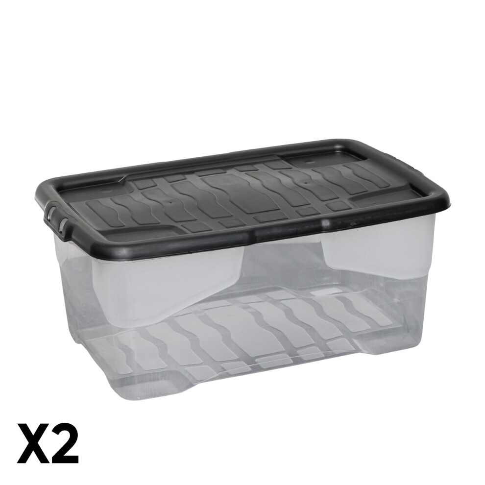 Strata 2 X 42L Clear Storage Box With Lid, Stackable And Nestable Design Storage Solution Black