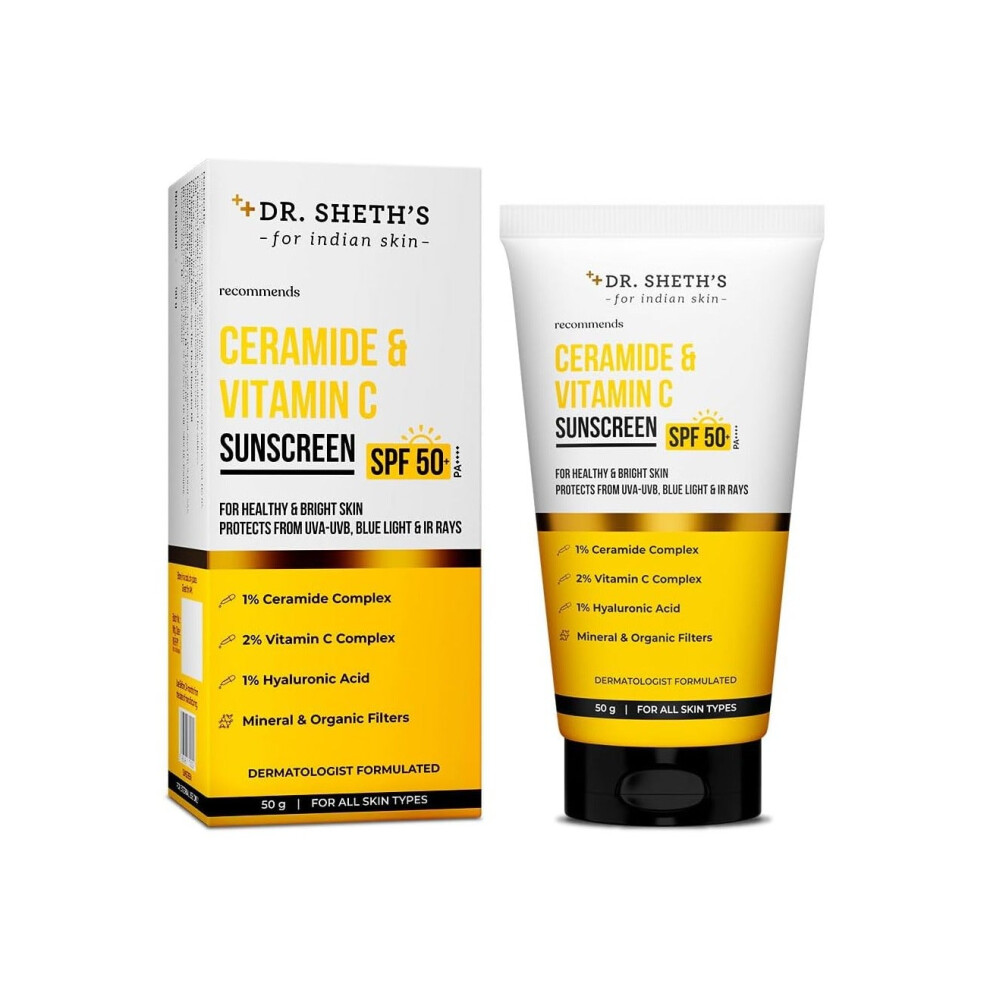 Dr. Sheth's Ceramide And Vitamin C Long lasting Sunscreen SPF 50+ PA++++ | Long Lasting Sunscreen, Hydrating Sunscreen - 50g