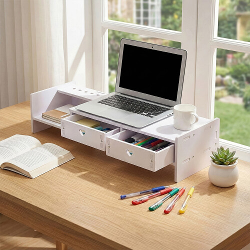 Living And Home White Monitor Stand Riser with 2 Drawers 1