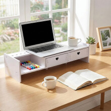 White Monitor Stand Riser with 2 Drawers