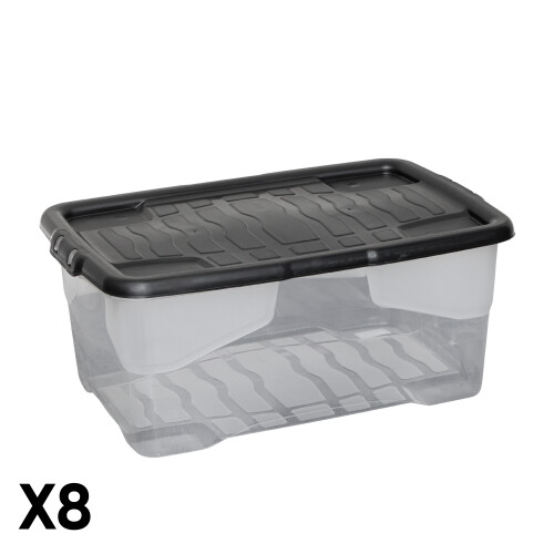 Strata 8 x 42L Clear Storage Box with Black Lid, Stackable and Nestable Design Storage Solution