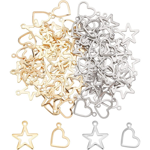 80 stk. rustfri stålcharms: Hjerte & stjerne, guld & stål