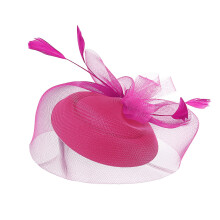 Felroze fascinatorhoed voor dames met veer en mesh