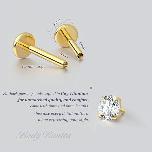 Gold Stud Earrings 16G Flat Back Titanium Internal Thread 1