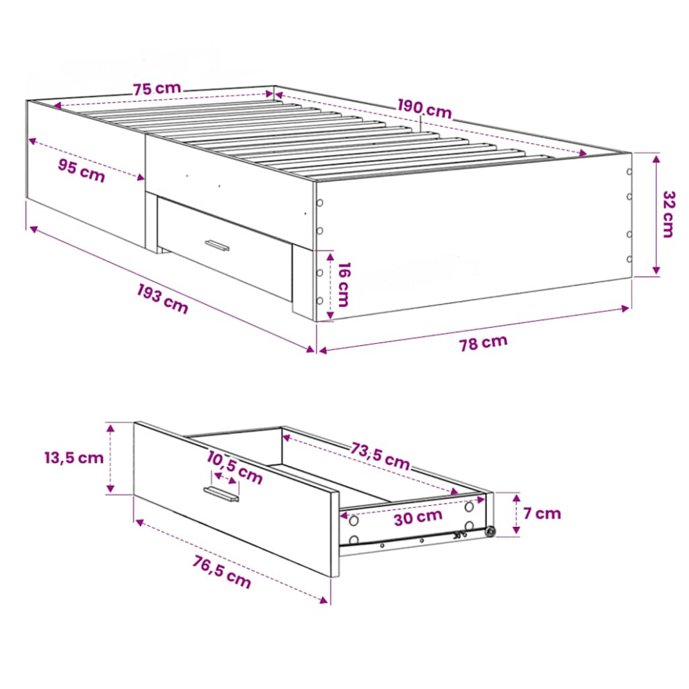 Vidaxl (Concrete Grey, 75 X 190 Cm) Bed Frame With Drawers Bed Base Grey Sonoma 140X200 Cm Engineered Wood