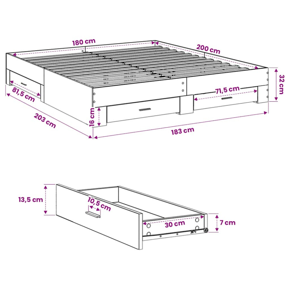 Vidaxl (Sonoma Oak, 180 X 200 Cm) Bed Frame With Drawers Bed Base Grey Sonoma 140X200 Cm Engineered Wood