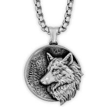 Wolf Necklace, Round Wolf Medallion Pendant, Faux Leather Cord, Wolf Jewelry Gift For Men
