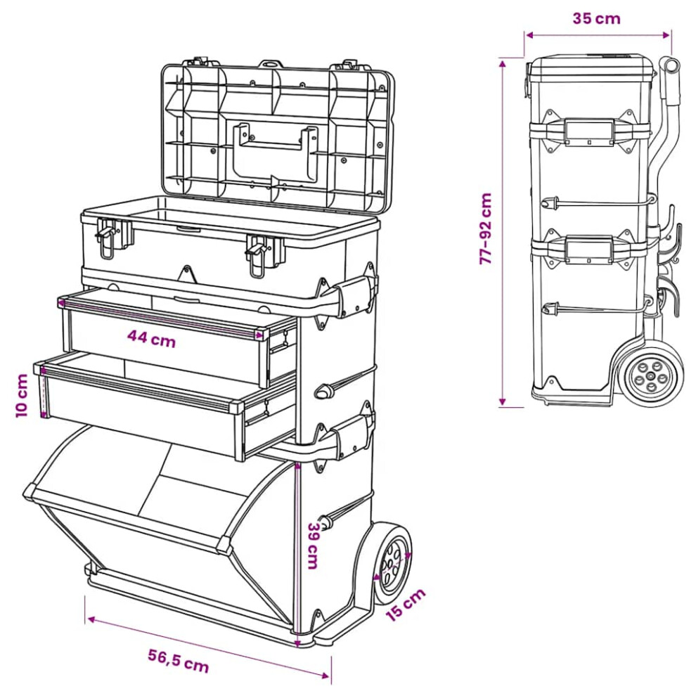 vidaXL 3-Part Rolling Tool Box with 2 Wheels Transport Carrier Organiser Case