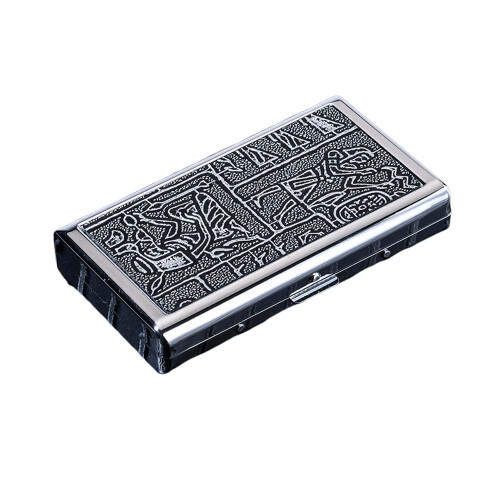 Portable Cigarette Case - Silver Egyptian Design, Holds Thick, Medium, and Slim Cigarettes