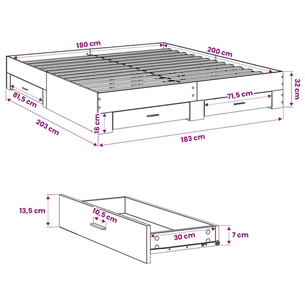 Vidaxl (White, 180 X 200 Cm) Bed Frame With Drawers Bed Base Grey Sonoma 140X200 Cm Engineered Wood