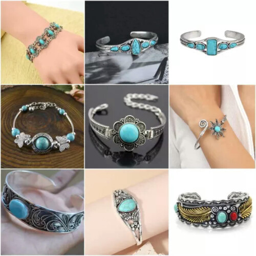 925 Silver Tibetan Turquoise Open Bangle Cuff Bracelet 1