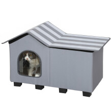 PawHut Outdoor Cat House Feral Cat Cave with Elevated Base Grey