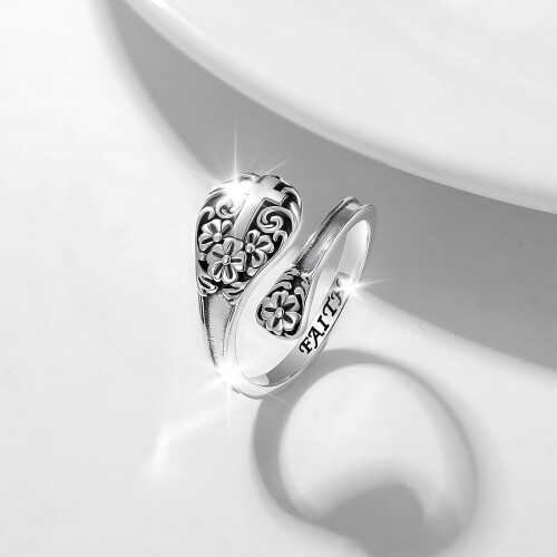 Sterling Silver Cross Spoon Ring Oxidized Vintage Flower 2