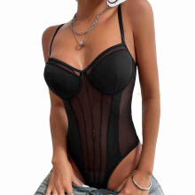 Women Lace Bodysuit Lingerie Adjustable Straps Erogenous Backless Transparent Lace Mesh Stitching One Piece Lingerie Black S