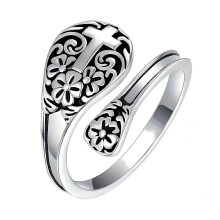 Sterling Silver Cross Spoon Ring Oxidized Vintage Flower