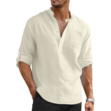 Cotton Linen Shirts Men Lightweight Casual Long Sleeve-Beige L