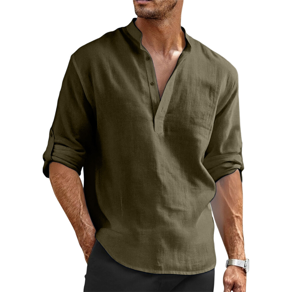 Green Mens Linen Shirts Long Sleeve Hippie Yoga-Army 4XL