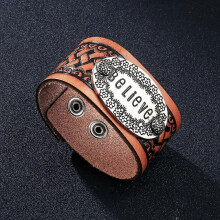 Leather Bracelet for Men, English Letter Totem Embossed Vintage Street Style Fashionable