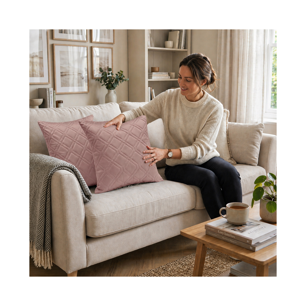 Oxford Homeware (2X, Pink) Diamond Embossed Velvet Cushion Covers 45X45cm- Luxury Textured Throw Pillow Cases With Zip