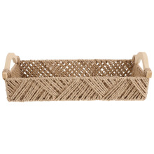 Khaki Paper Rope Woven Basket with Wood Handles Bathroom Organizer