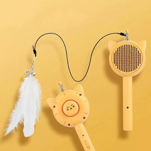 (With telescopic rod, Yellow) Interactive Cat Toys,3 Function Cat Toy(comb,laser,Retractable Cat-Teasing Wand)
