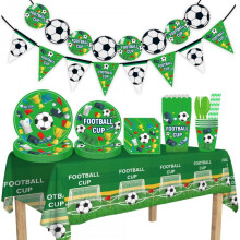 (green) World Cup Party Decorations Set, Disposable Paper Plates Cups Banner Tablecloth, Soccer Theme Birthday Party Supplies